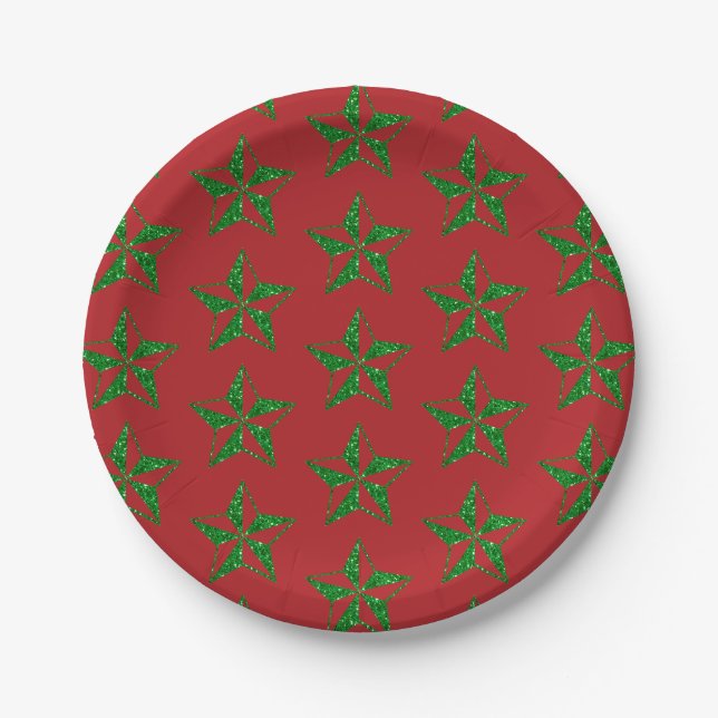 Grüne Glitter-Weihnachtsstern Pappteller (Vorderseite)