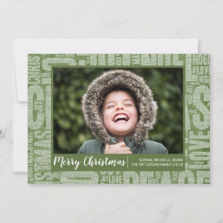 Grüne Glitter-Weihnachtsworte Feiertags-Fotokarte Feiertagskarte