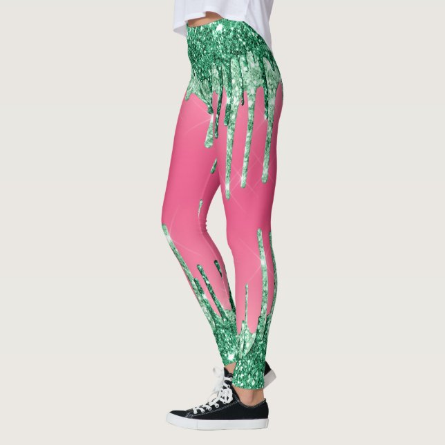Grüne Glitzer Chic Pink Watermelon Farbe Leggings (Links)