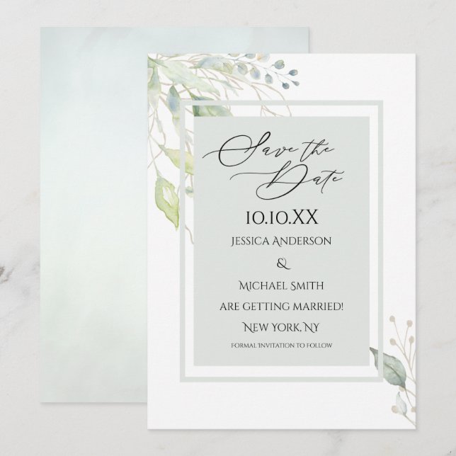 Grüne Gold Botanische Blätter Save the Date Einladung (Vorne/Hinten)