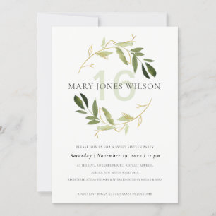 GRÜNE GOLD FOLIAGE WREATH SWEET 16 GEBURTSTAGSKART DANKESKARTE