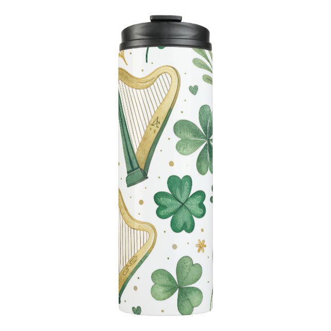 GRÜNE & GOLD IRISH KLEEBLATTS & HARPS THERMOSBECHER (Vorderseite)