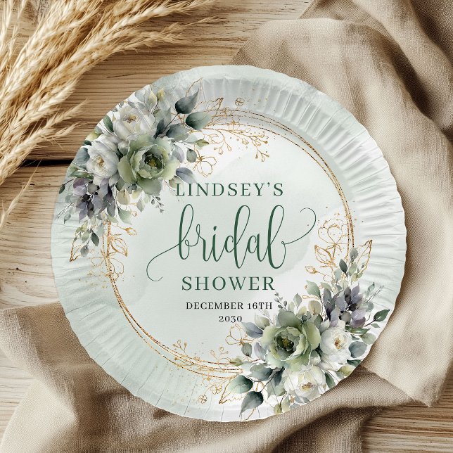 Grüne Gold-Wasserfarbe-Brautparty-Papierteller Pappteller (Green Gold Watercolor Bridal Shower Paper Plates)