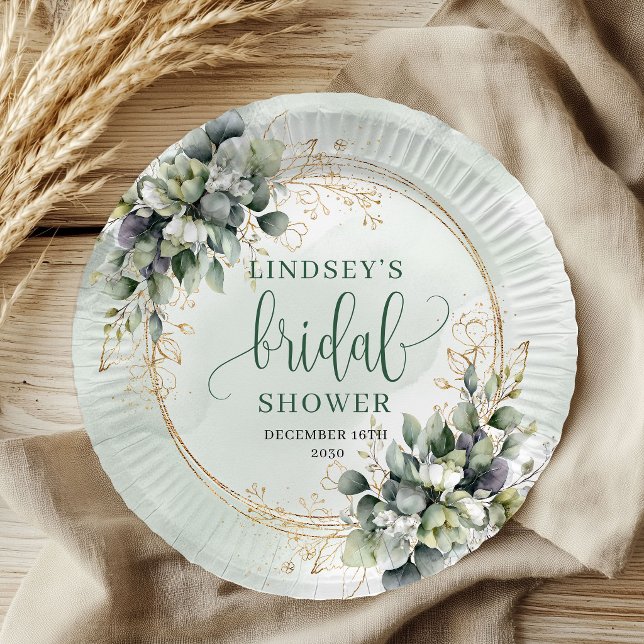 Grüne Gold-Wasserfarbe-Brautparty-Papierteller Pappteller (Greenery Gold Watercolor Bridal Shower Paper Plates)