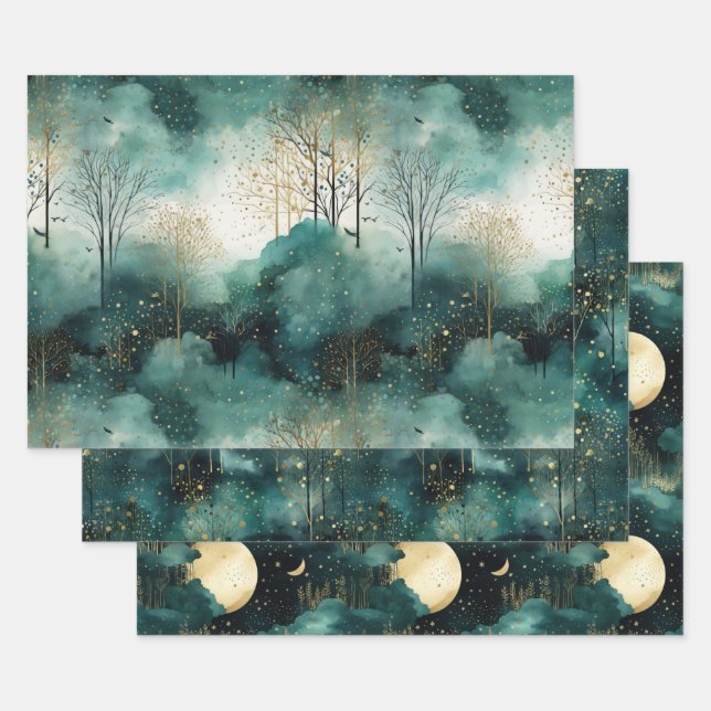 Grüne Goldbäume mit Vögeln Weihnachten Geschenkpapier Set (Set)