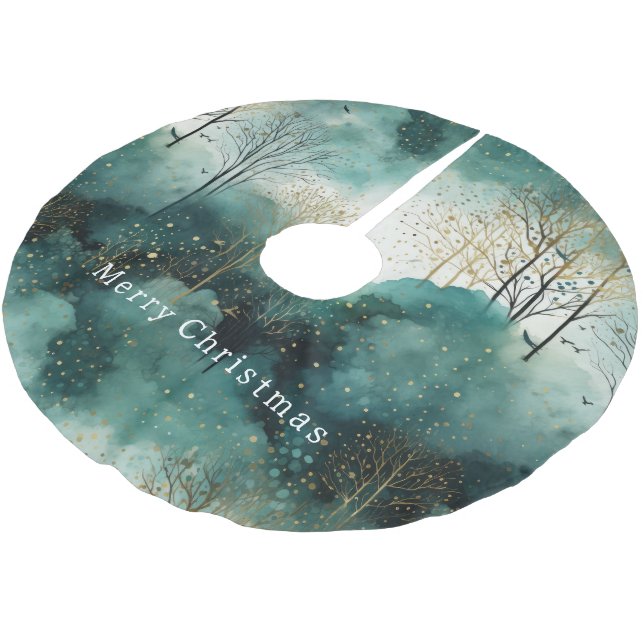 Grüne Goldbäume mit Vögeln Weihnachten Polyester Weihnachtsbaumdecke (Schrägansicht)