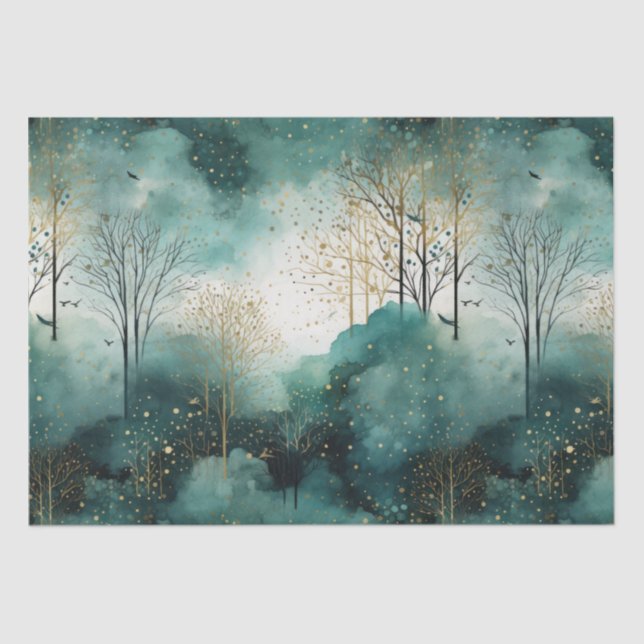 Grüne Goldbäume mit Vögeln Weihnachten Seidenpapier (Vorderseite)