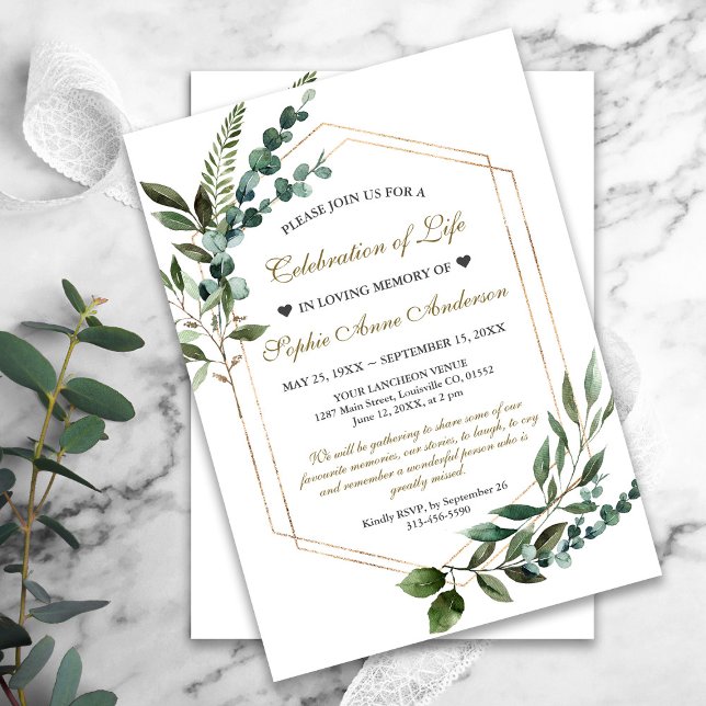 Grüne Goldene Feier zur Beerdigung des Lebens Einladung (celebration of life funeral memorial elegant greenery invitation)