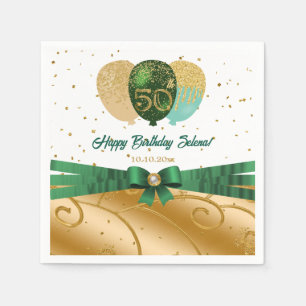 Grüne & Goldene Seidenballons zum 50. Geburtstag Serviette