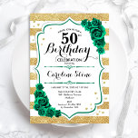 Grüne goldene Streifen florale 50. Geburtstag Einladung<br><div class="desc">50. Geburtstagsfeier Einladung. Elegantes florales smaragdgrünes Design mit Rose. Enthält Imitate Glitzer goldene und weiße Streifen und Skript-Schriftart. Ideal für eine stilvolle Damenfeier. Kann für jedes Alter angepasst werden! Gedruckte Zazzle Einladungen oder Sofortdownload digitalen druckbaren Vorlage.</div>