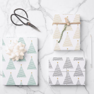 Grüne, goldene und schwarze Linie Weihnachtsbaumen Geschenkpapier Set