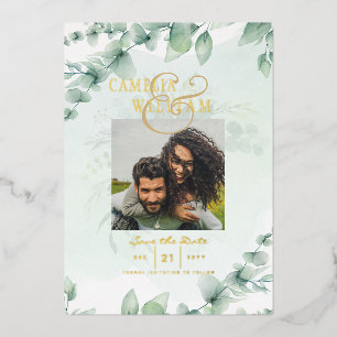 Grüne Goldfolie PHOTO QR CODE Hochzeit Termin merk Folieneinladung