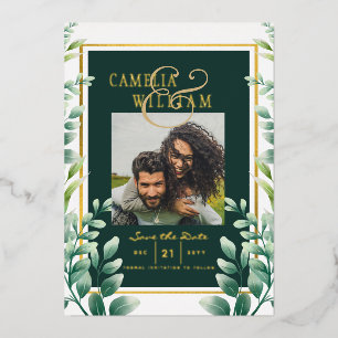 Grüne Goldfolie PHOTO QR CODE Hochzeit Termin merk Folieneinladung
