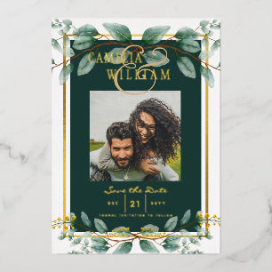 Grüne Goldfolie PHOTO QR CODE Hochzeit Termin merk Folieneinladung