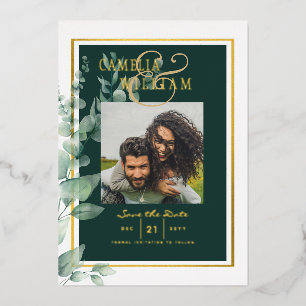 Grüne Goldfolie PHOTO QR CODE Hochzeit Termin merk Folieneinladung