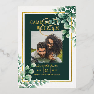 Grüne Goldfolie PHOTO QR CODE Hochzeit Termin merk Folieneinladung