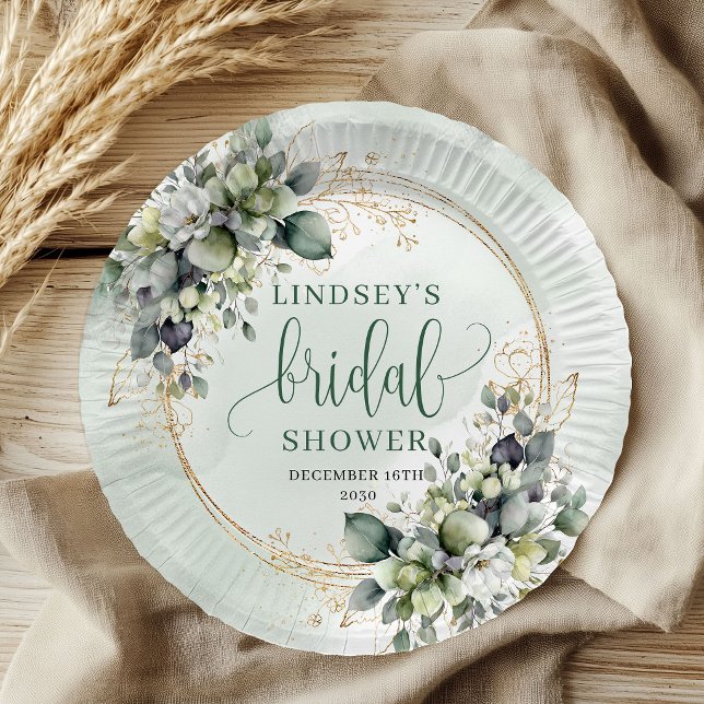 Grüne Goldlaub-Brautparty-Papierteller Pappteller (Green Gold Foliage Bridal Shower Paper Plates)