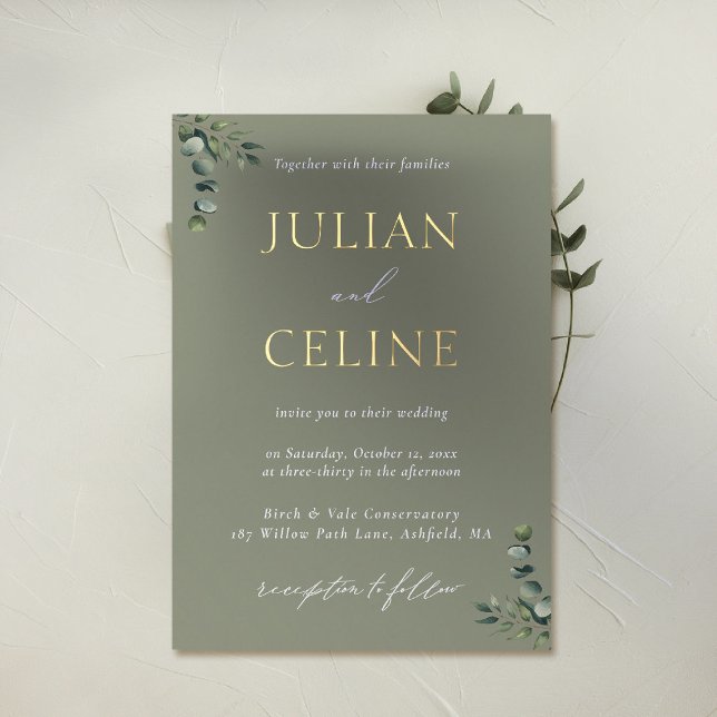 Grüne Goldmedaille Eukalyptus Grüne Goldhochzeit Folieneinladung (sage green wedding invitation gold foil eucalyptus greenery modern classic simple clean elegant)