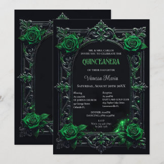 Grüne gothische Halloween-Blumen-Quinceanera-Einla Einladung