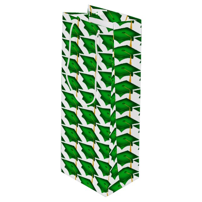 grüne Graduierungskappen mit Goldfäden Geschenktüte Für Weinflaschen (Vorderseite Schrägansicht)