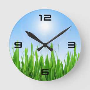 Grüne Gras Blaue Himmel Landschaft-10826 Runde Wanduhr