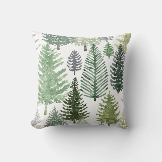 Grüne graue Winterpine Bäume Holiday Throw Kissen (Vorderseite)