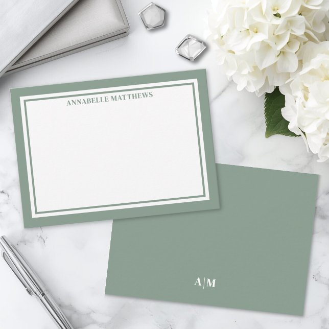 Grüne Grenze Minimalistischer Name Monogramm Mitteilungskarte (Green Border Minimalist Name Monogram Note Card)