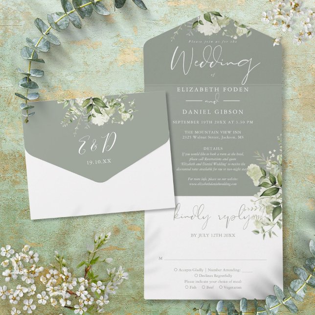 Grüne Grünpflanzen Blumendetails UAWG Hochzeit All In One Einladung (Sage Green Greenery Floral Details RSVP Wedding All In One Invitation)