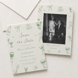 Grüne Hand gezeichnete Hochzeit speichern das Foto Einladung