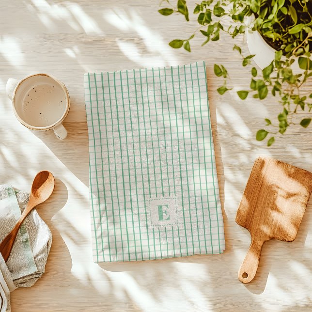 Grüne, handgezeichnete karierte Küchenhandtuch mit Geschirrtuch (green plaid kitchen towel with monogram)