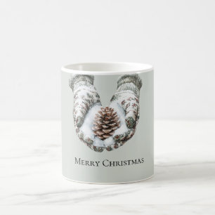 Grüne Handschuhe Schnee Weihnachten Kiefernzapfen Kaffeetasse