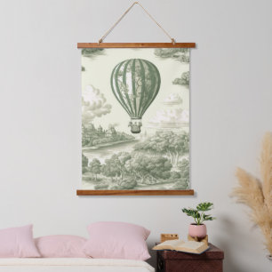 Grüne Heißluftballon-Toile im Landstil Wandteppich Mit Holzrahmen