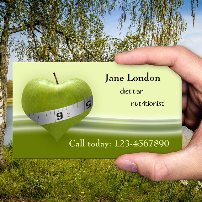 Grüne Herzkarte des Dietistin Nutritionist Visitenkarte (Business card for a nutritionist or dietitian showing an apple in heart shape with a measuring tape)