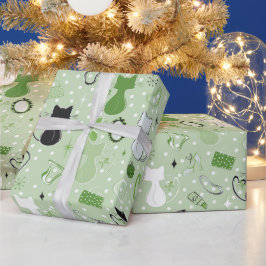 Grüne Herzkatzen aus der Mitte des Jahrhunderts Geschenkpapier