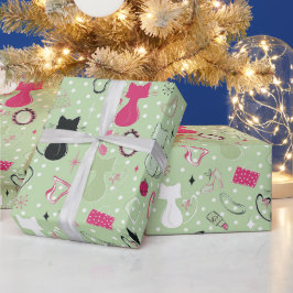 Grüne Herzkatzen aus der Mitte des Jahrhunderts Geschenkpapier