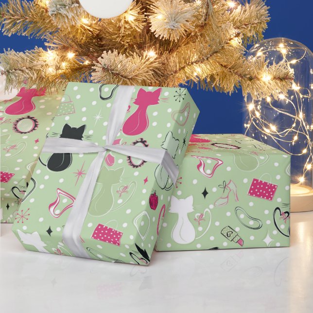 Grüne Herzkatzen aus der Mitte des Jahrhunderts Geschenkpapier (Feiertage)