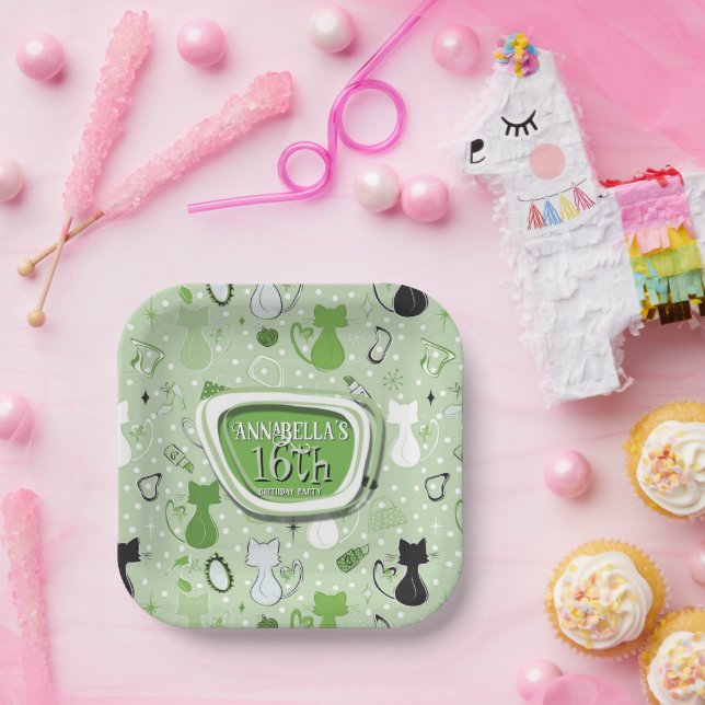 Grüne Herzkatzen des Mittelalters Geburtstag Pappteller (Party)