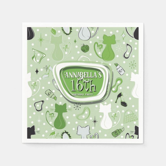 Grüne Herzkatzen des Mittelalters Geburtstag Serviette (Vorderseite)