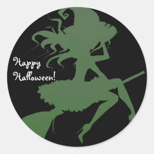 Grüne Hexe fliegt Besen Halloween-Party Runder Aufkleber
