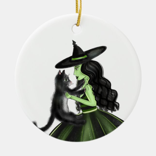 Grüne Hexe mit Schwarz-Hairy-Katze Keramik Ornament (Vorne)