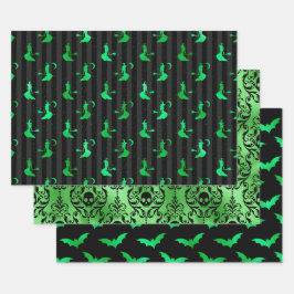 Grüne Hexe, Totenkopf und Fledermaus Halloween-Mus Geschenkpapier Set