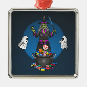 Grüne Hexe und Geister Halloween-Süßigkeiten oder  Ornament Aus Metall