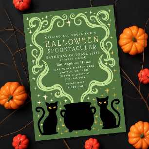 Grüne Hexen-Schwarze-Katze-Kessel-Halloween-Party Folieneinladung