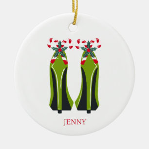Grüne High Heels mit Candy Canes Keramikornament