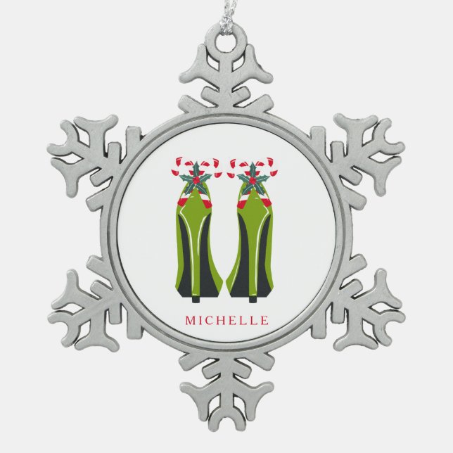 Grüne High Heels mit Candy Canes Schneeflocken Zinn-Ornament (Vorderseite)