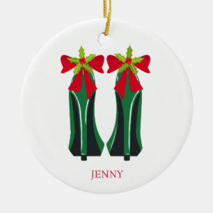 Grüne High Heels mit Weihnachtsbäumen Keramik Ornament
