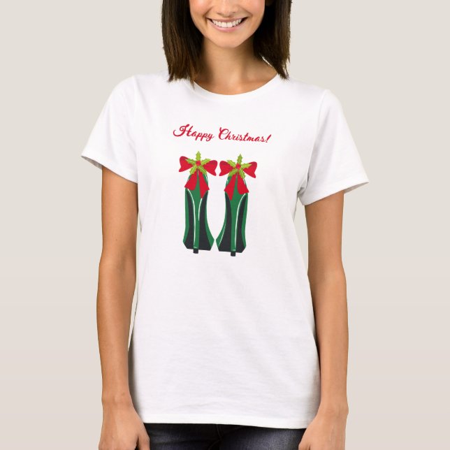 Grüne High Heels mit Weihnachtsbäumen T-Shirt (Vorderseite)