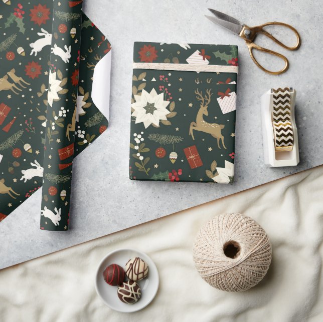 Grüne Hirsche Handgezeichnetes Weihnachtsmuster De Geschenkpapier (Basteln)