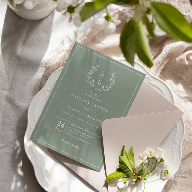 Grüne Hochzeit der Botanischen Monogramm-Wraath-Za Einladung (Von Creator hochgeladen)