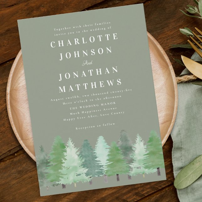 Grüne Hochzeit der modernen Waldlandschaft Einladung (Modern watercolor Woodland forest sage green wedding qr code invitation Elegant typography )